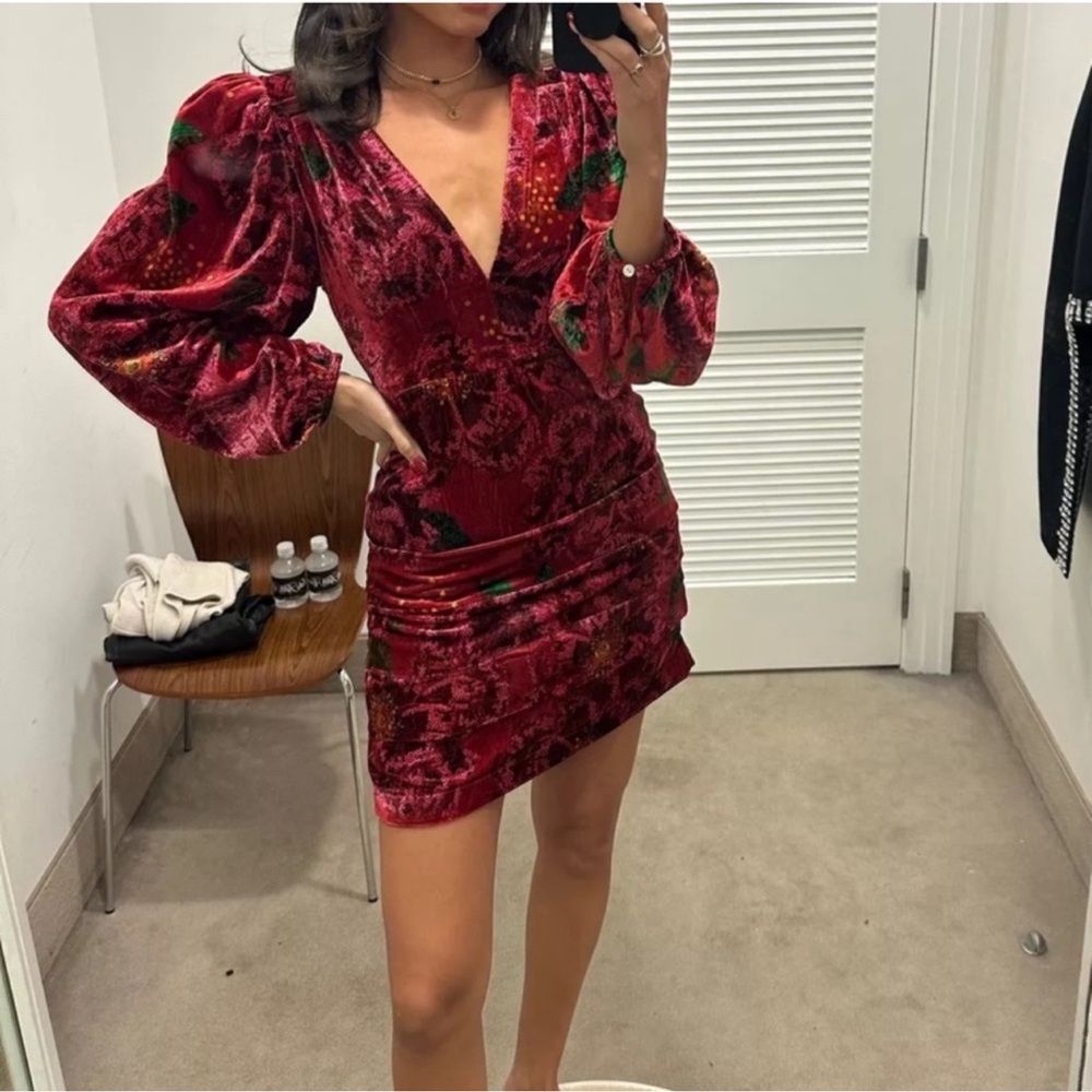 FARM Rio Shiny Flowers Red Green Velvet Mini Dress Size Small